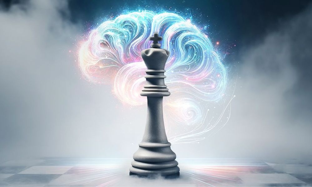 King piece with a glowing brain to show how a chess game aids dementia prevention