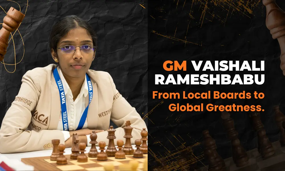 Portrait of Indian Grandmaster Vaishali Rameshbabu with motivational text for CHESS KLUB students.