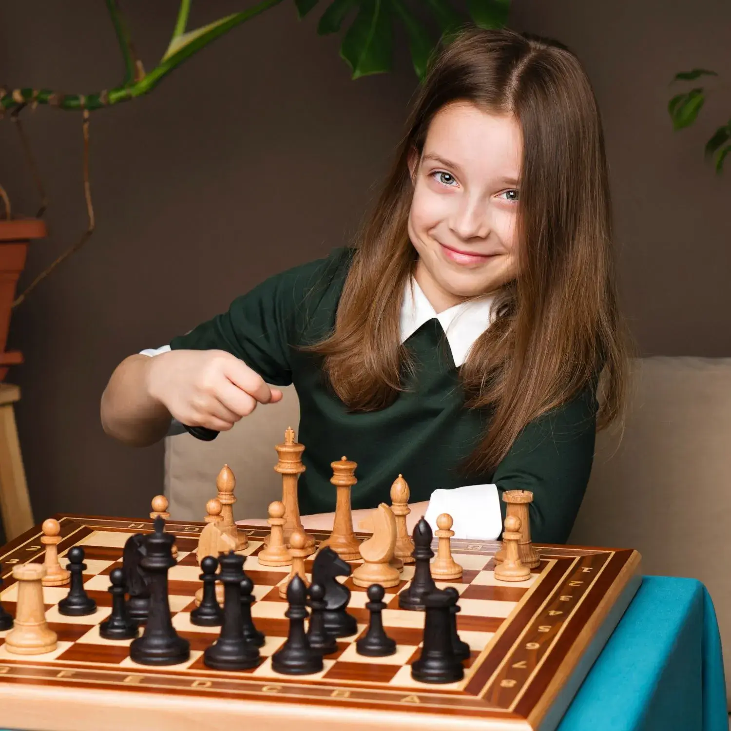 A cute girl playing chess happily